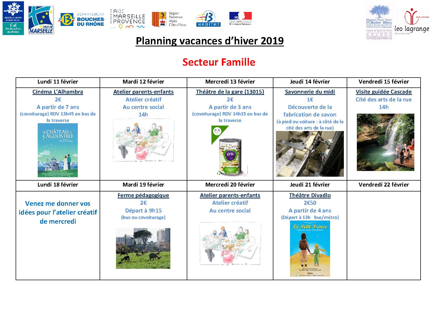 Planning des vacances d'hiver. Centre social l'Olivier bleu - 13015